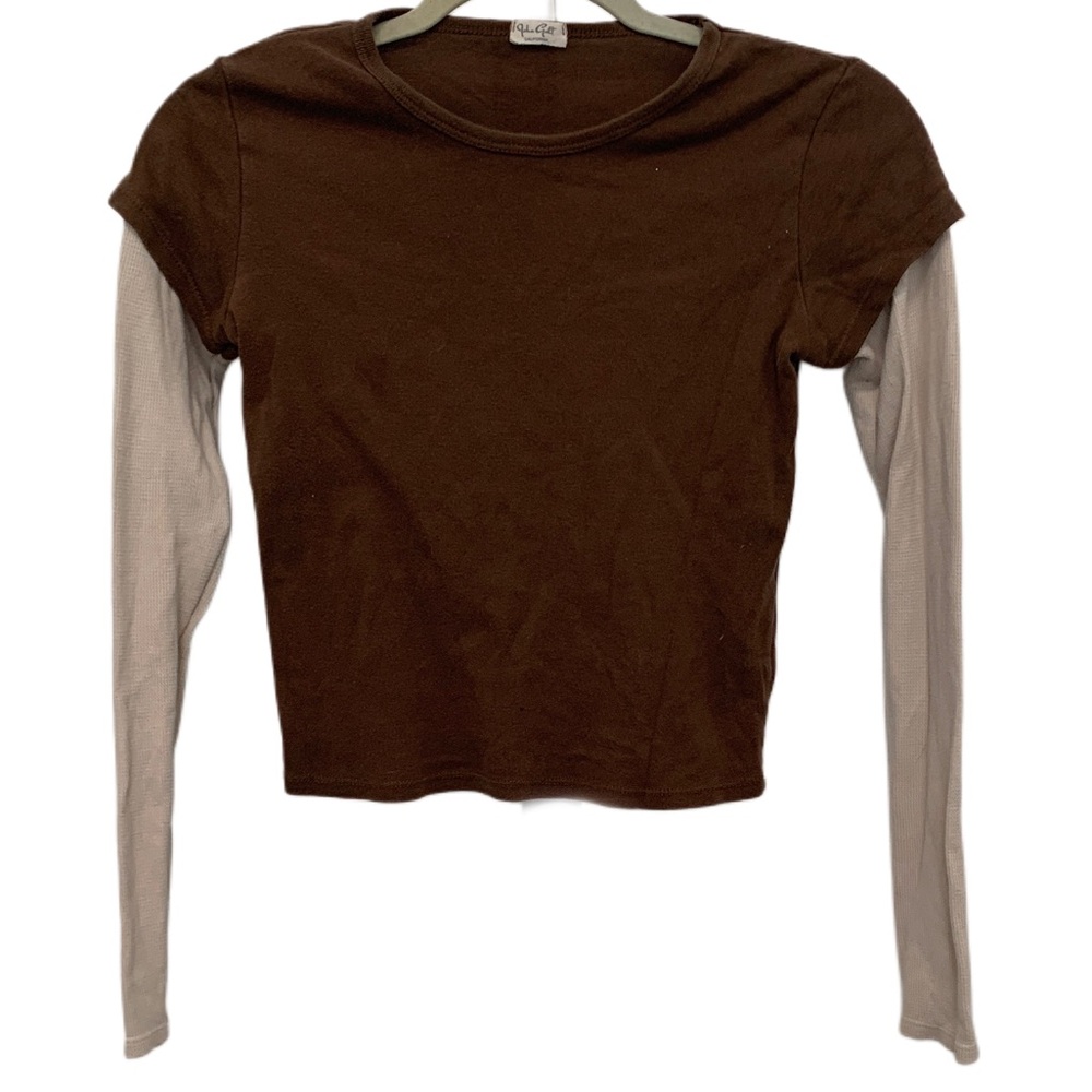 Brandy Melville Brown Layered-Look Long Sleeve Tee with Cream Sleeves